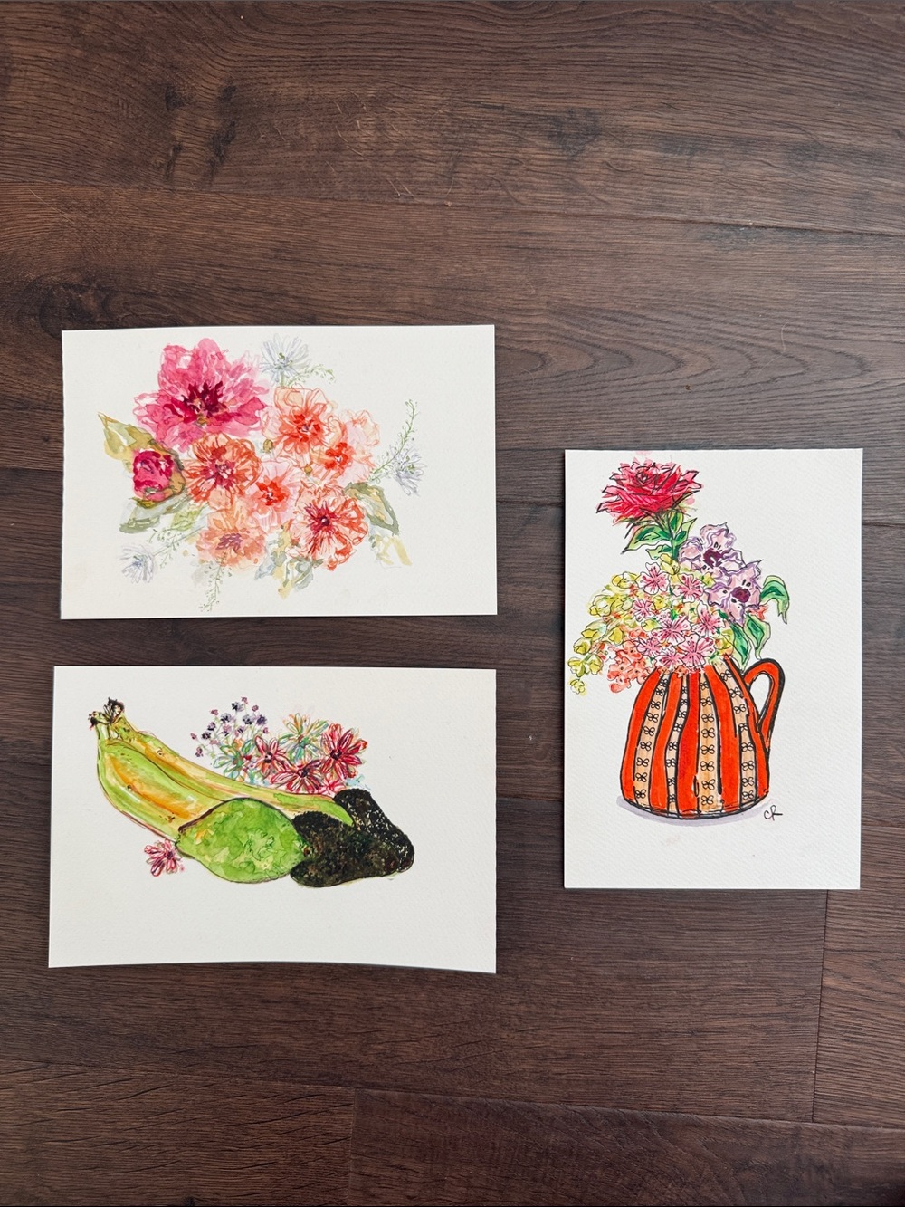 Set of 3 - Mixed Media Floral & Fruit Art - Original Pieces